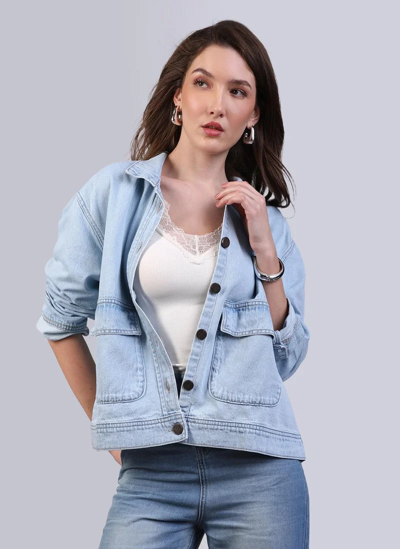 Urbano Fashion Women's Ice Blue Relaxed Fit Full Sleeve Utility Denim Jacket